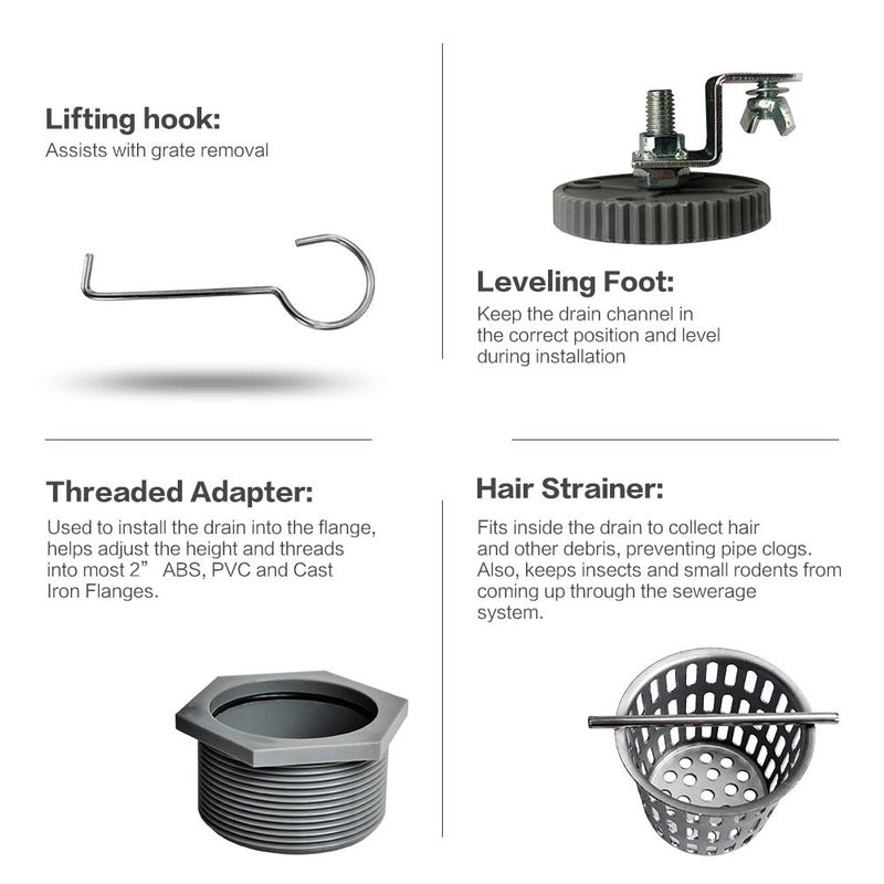 Neodrain 36-Inch Offset Side Outlet Linear Shower Drain with Quadrato Pattern Grate Cover, Brushed 304 Stainless Steel Rectangle Shower Floor Drain, with Leveling Foot, Hair Strainer Catcher - Image 5